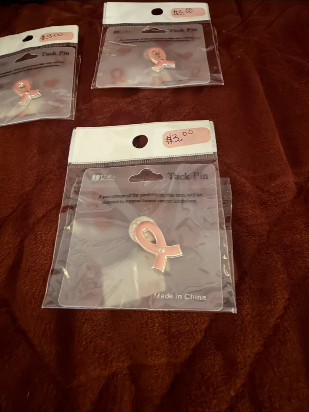 Pink Ribbon Tack Pin - Pack of 3